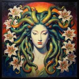 a beautiful painting lovely japan 3 d medusa, surrounding lilies by ukiyo - e award - winning art, andy warhol color, dramatic light, octane render
