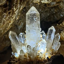 an enormous brightly lit cave filled with giant clear quartz crystals