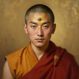 beautiful oil matte portrait painting, cyberpunk tibetan monk getting third eye cybernetic enhancements, wonderful masterpiece highly detailed, beautiful cinematic light deep focus, elegant, digital painting, smooth, sharp focus, golden ratio, dramatic illumination, ultra realistic, 8 k, art by artemisia lomi gentileschi and caravaggio