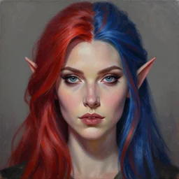 A detailed matte oil on canvas head on symmetrical portrait of a distinguished elven woman with red  and blue hair (((((makeup))))) by Charlie bowater and lise deharme wlop, trending on artstationhd,  dungeons and dragons art, critical role, split hair, half and half dye