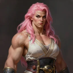 painted portrait of rugged thick roided and veiny beautiful female weightlifter [ zarya ], pink hair, upper body, robe fantasy intricate elegant highly detailed digital painting, artstation, concept art, smooth, atmospheric lighting sharp focus illustration art by craig mullins greg rutkowski