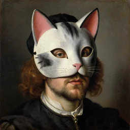 portrait of an actor with a homemade cat mask, oil painting by jan van eyck, northern renaissance art, oil on canvas, wet - on - wet technique, realistic, expressive emotions, intricate textures, illusionistic detail