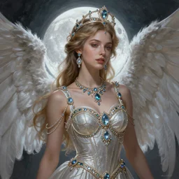 A beautiful digital painting of a female angel full of jewels, princess, the moon behind her, intricate, cinematic lighting, highly detailed, digital painting, Artstation, concept art, smooth, sharp focus, illustration, art by Tom Bagshaw, Artgerm and Greg Rutkowski
