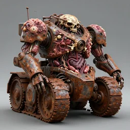 Techno-biological rusty panzer consisting of tumors, meat, veins, bones, guts, kidneys, wires. Biopunk, body-horror, high detail, photorealism, full length view, very rust, concept art, 16k