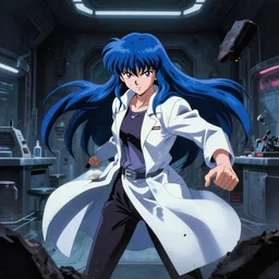 in the style of cyberpunk akira late 9 0's dark moody anime movie still : : dystopian hall art : : science girl researcher, long blue hair : : somber far future lab background interior : : furious, telekinetic destroying everything
