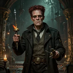 Highly detailed illustration Frankenstein in a steampunk dungeon, hyper realistic, sci-fi fantasy art