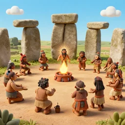 An ancient tribal ritual conducted in Stonehenge in claymation