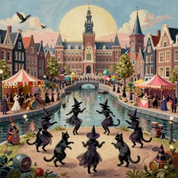 A bustling magical town, witches and black cats are dancing around a colorful music festival near water canals, the large academy of magic and science can be seen towering in the distance, inspired by Victorian England and Amsterdam and Paris, highly detailed, digital painting, trending on artstation, matte painting