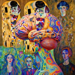 human brain!!!, psychedelic, patterned skin, trending on artstation, photorealism!!, vibrant colors, digital art, in the style of harumi hironaka, gustav klimt, egon schiele, coby whitmore, david bates, monet, lisa frank, picasso.