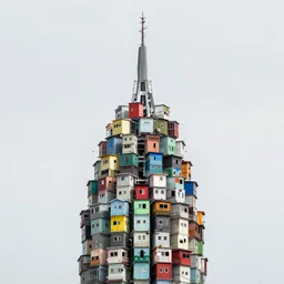 towers made up of colourful makeshift squatter housing, hasselblad x 1 d, uniform plain sky at the back, fully frontal view, very detailed, ultra sharp, photographed by ansel adams