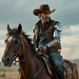 a beautiful portrait of a grizzled cowboy with futuristic cybernetic glowing enhancements, dynamic pose, mounted on a horse, sci - fi, cyberpunk by ruan jia, jules bastien - lepage, 8 k