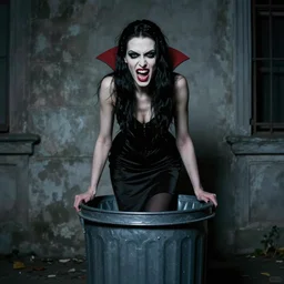 vampire woman on top of a trash can, snarling, by nikolay makovsky.