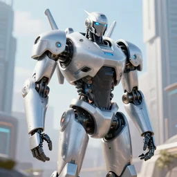 Amazing photorealistic digital concept art of a guardian robot in a futurstic city, by James Clyne and Joseph Cross. Cinematic. LED lighting. A bright background. Wide angle. Clean lines. Good lighting. Balanced composition.