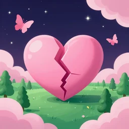 cracked pink hearts on the starry night sky, landscape, trending on artstation, pink clouds, pink butterflies, green forest