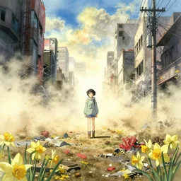 incredible anime movie scene, mamoru oshii, otomo, ultra wide, dust cloud, vanishing point, hoody woman explorer, watercolor, empty, spiderwebs, trash, coral reef, daffodils, billboards, foggy volumetric bloom lighting, rim light, abandoned city, paper texture, deserted shinjuku junk town, wires, telephone pole, pollen, yellow, red