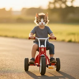 kid with cat face riding a tricycle, golden ratio, golden hour