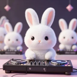 a hundred super cute fluffy white bunny rabbits DJing with DJ turntables, photoreal
