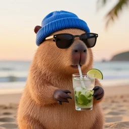 a photorealistic photograph of a knitted cute Capybara wearing sunglasses and dressed in a blue beanie cap. The subject is sipping out of a refreshing Mojito drink at the beach during sunset. The image is Trending on Artstation, featured on Behance, well-rendered, fine detail, extra crisp image, Unreal Engine, 4K HD