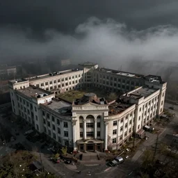 abandoned super Mall in the post soviet era, MC Escher, destroyed, foggy weather, dark, uncanny