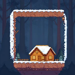 a comfy winter cottage in the woods, sidescroller platformer pixel art level design