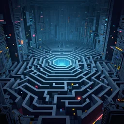 interior of an underground maze within a large cyberpunk complex, pixelart, brutalism, volumetric lighting, 8 k, art by dan mumford, greg rutowski, johan grenier