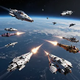 a great battle in space, many ships from different cultures fight against each other, moment in time, bright flashing lights from weapon fire.