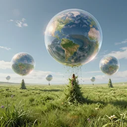 grasslands are slurped up into mysterious sky bubbles with surreal worlds visibly reflected, ambient occlusion 3 d render, by anato finnstark and lisa frank, 8 k, extreme detail, sharp focus, octane render