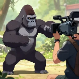 gorilla about to punch the cameraman, anime style