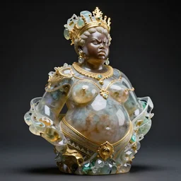 intricate slightly iridescent and tanslucent realistic bust sculpture of futuristic digital obese angry beautiful black girl empress, glass and gold and jade, caustics