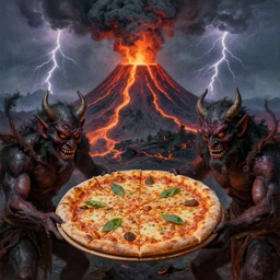 masked demons grabbing a large pizza!!!, in the background is a volcano spewing lava and black smoke, streams of glowing hot lava, flashes of lightning in the distance. wide angle, long shot, an ultrafine detailed painting by hariton pushwagner, deviantart, pop surrealism