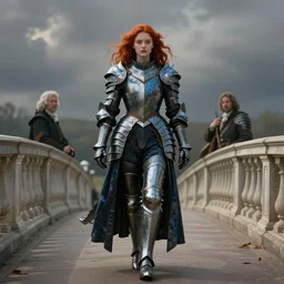 young redhead pale woman in dark and blue princess dragon armor, walking on a neoclassical bridge, in a scenic environment. by henriette ronner - knip, by william henry hunt, by rembrandt, by joseph mallord william turner, by konstantin razumov, concept art,