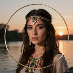 plate photography, closeup portrait of a beautiful pagan female beside the river at sunset, studio lighting, ultra high definition