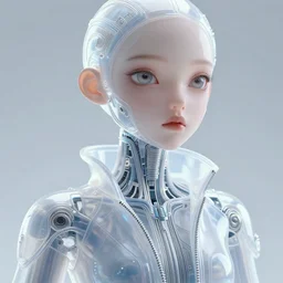 torso of a classy elegant sophisticated very up close portrait of a cute dainty translucent plastic cyborg girl, cyber future jacket, ultra detailed wire decoration, big eye, fantasy art by nixeu and guweiz and ilya kuvshinov, sleek curves, intricate sharp focus, trending on artstation hq, deviantart, pinterest, unreal engine 5, 4 k uhd image