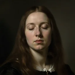 A portrait of a woman with long hair and closed eyes by Abraham Bloemaert and Arnold Newman. masterpiece. hq. ultra detailed. realistic. moody. cinematic.