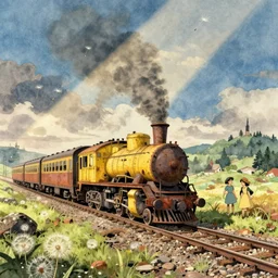 wholesome animation key shot, explore an abandoned train yard, rust, yellow steam trains, studio ghibli, pixar and disney animation, sharp, disney concept art watercolor illustration by mandy jurgens and alphonse mucha and alena aenami, pastel color palette, dandelion seeds, bloom!!! dramatic lighting