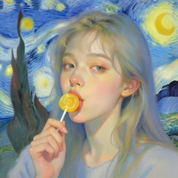 portrait of a beautiful girl, sucking on lollipop, intimate, pastel shades of blue and yellow, beautiful face, rule of thirds, spotlight, expressive, passionate, by greg rutkowski, by jeremy mann, by francoise nielly, by vincent van gogh, digital painting