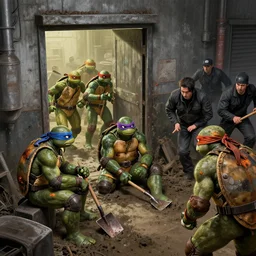ninja turtles are escaping from the factory, and a couple of people were prisoners with them. then the men in black chased them, and then the gangs. the first door, people were sitting with shovels and in the mud. one of the prisoners got burned and while he was talking to them, the others who went where, concept art, treding on artstation, 2 k,