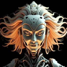 perfectly centered portrait, front view of a beautiful biomechanical android alien robot buddha, female, flowing hair, intense stare, sarcastic smile, symmetrical, concept art, intricate detail, volumetric shadows and lighting, octane render, unreal engine,