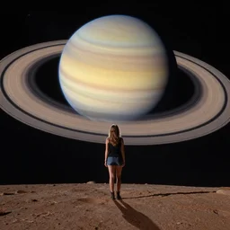 woman standing on the surface of the planet saturn, looking at the rings in the sky