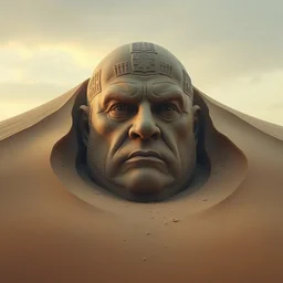 the giant sand sculpted face of stellan skarsgard as baron vladimir harkonnen emerging from a sand dune, cinematic, surrealistic, supernatural, artstation