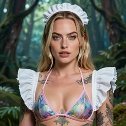 Margot robbie as a beautiful tattooed female maid wearing a magical bikini in a magical forest, highly detailed and realistic face, beautiful detailed eyes with a piercing gaze, fantasy art, in the style of artgerm, illustration, epic, fantasy, intricate, hyper detailed, artstation, concept art, smooth, sharp focus, ray tracing, vibrant, photorealistic