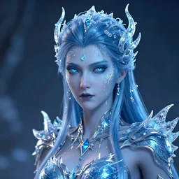 HD render of Malevolent Ice Queen with ice droplets on forehead in the style of Artstation, Unreal Engine, photorealistic, reflective