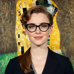 a portrait of female asa Butterfield mixed with pam beesly, a slight smile, wearing cat-eye glasses, surrounded by plants, by gustav klimt
