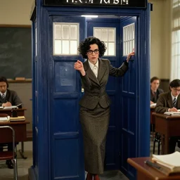 rgb, thin, woman, model, inside the tardis, short black curly hair, professor clothes, nerdy, in a classroom, shy, amazing composition & dynamic posing, by franz xavier leyendecker, wlop! muted colors, highly detailed, fantasy art by craig mullins, thomas kinkade cfg _ scale 9