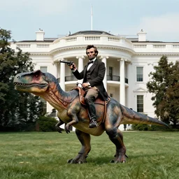 white house painting of abraham lincoln riding a velociraptor holding a hand gun