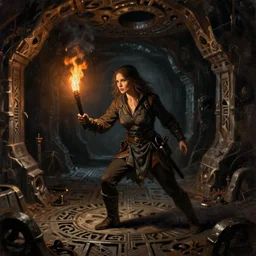 kate beckinsale as dnd thief hold torch and sneaking through the dungeon full of death traps, carved floor, ceiling hides in the dark, full darkness, fantasy digital art, oil painted
