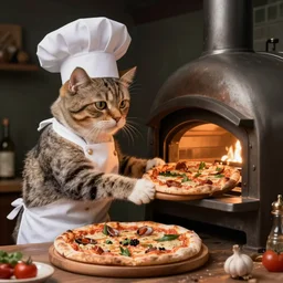 studio photograph, a cat dressed as a chef taking a pizza out of an oven
