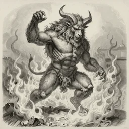 full body grayscale drawing by Gustave Dore and Anato Finnstark of horned muscled humanoid beast, 3/4 view from below, engulfed in swirling flames