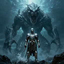massive mystic sea monster looms over an armoured knight, horror, scary