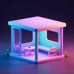 octane render of small flat modern pavillion in vaporwave style colours, neon colours, misty fog, a small ginko tree over a small rectangular pond architecture, 4 k